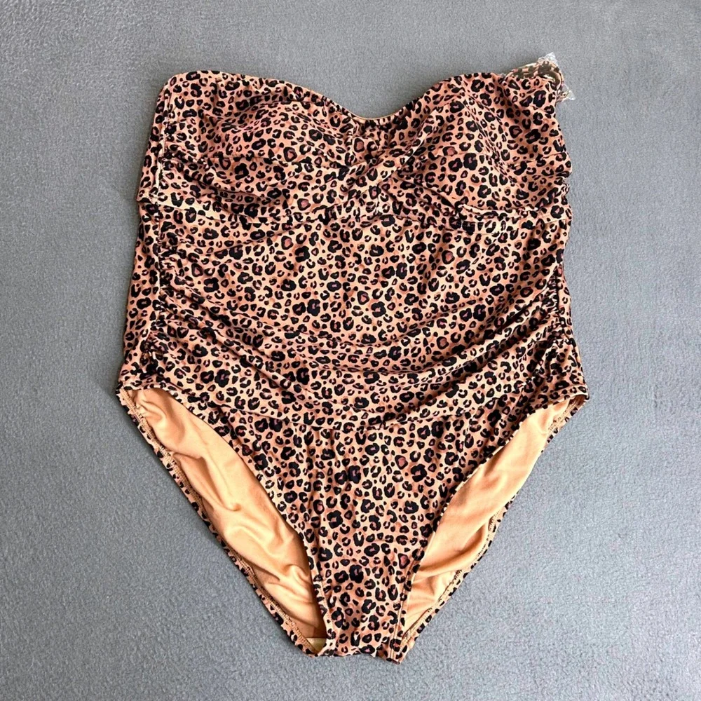Shade & Shore Swimsuit Womens 22 Brown Leopard One Piece Tummy Control Strapless